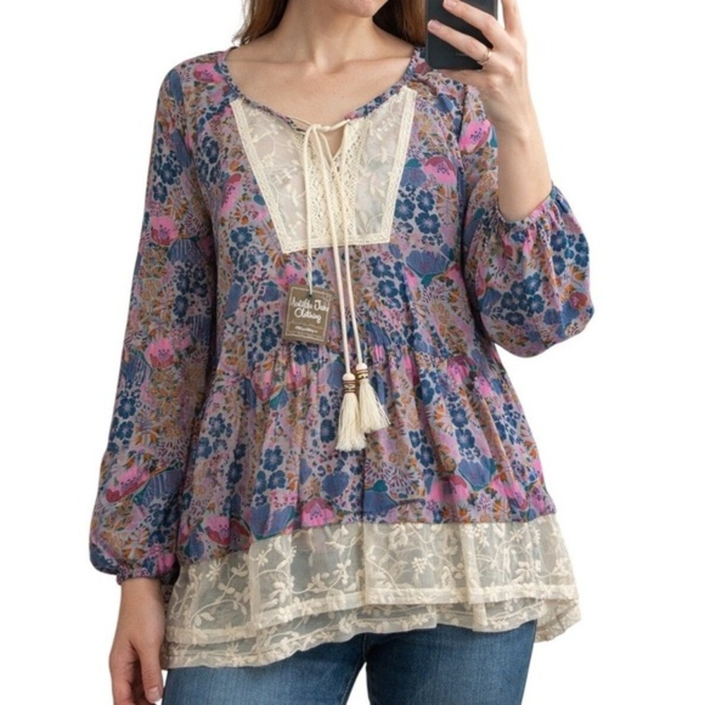 Matilda Jane Womens XS Tunic Blouse Floral Lace Tassel Boho Blue Pink NWT